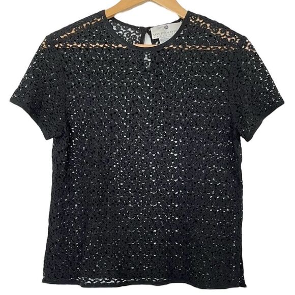 Saks Fifth Avenue Crochet Blouse Top Black Sheer Lace Rayon Short Sleeve Small - Picture 1 of 9